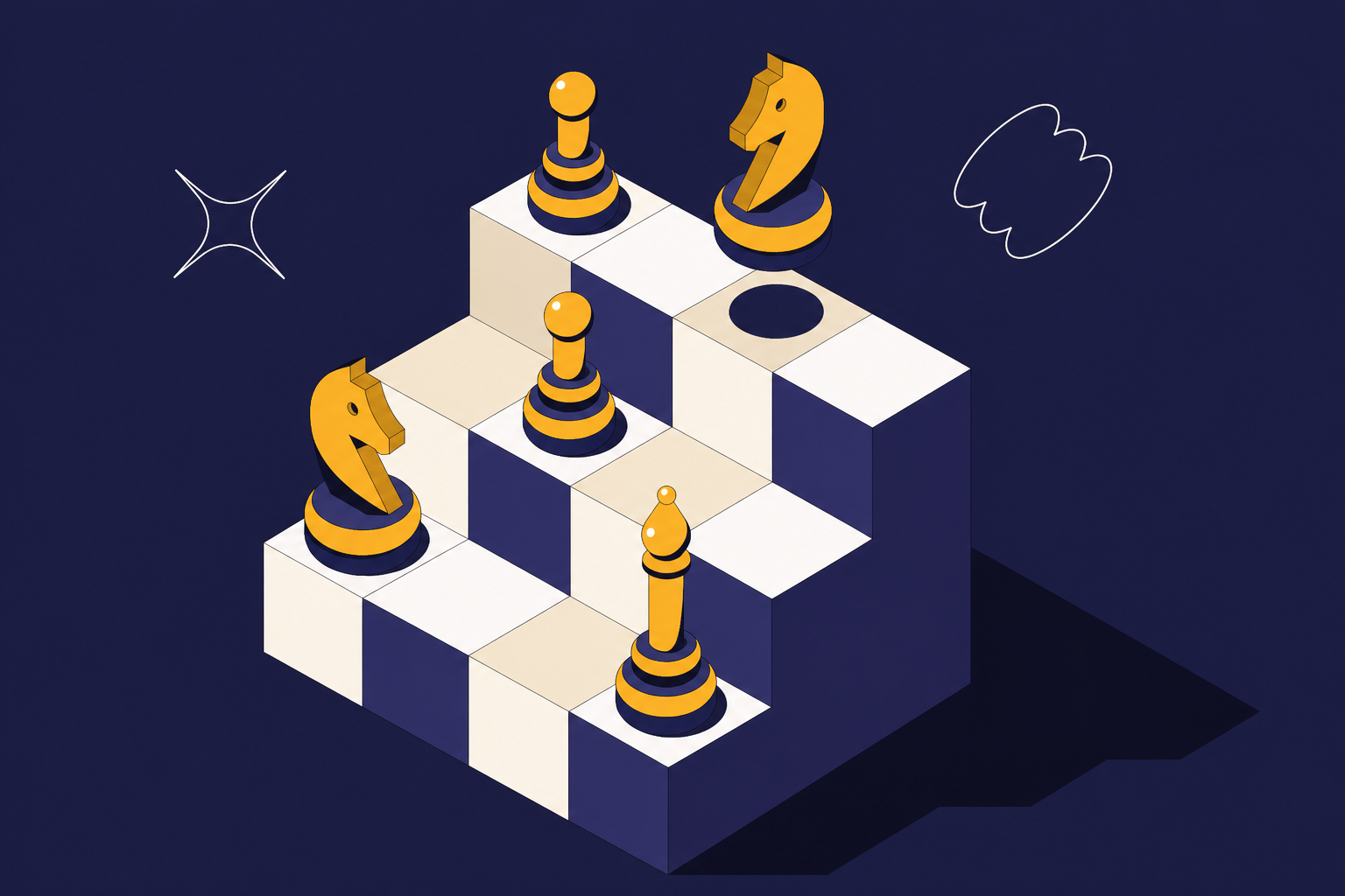 Strategic chess pieces on a stepped platform